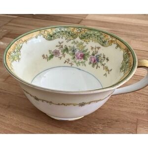 Vintage Noritake Hand Painted Tea Cup Green M Wreath Mark Japan Floral Gold Trim